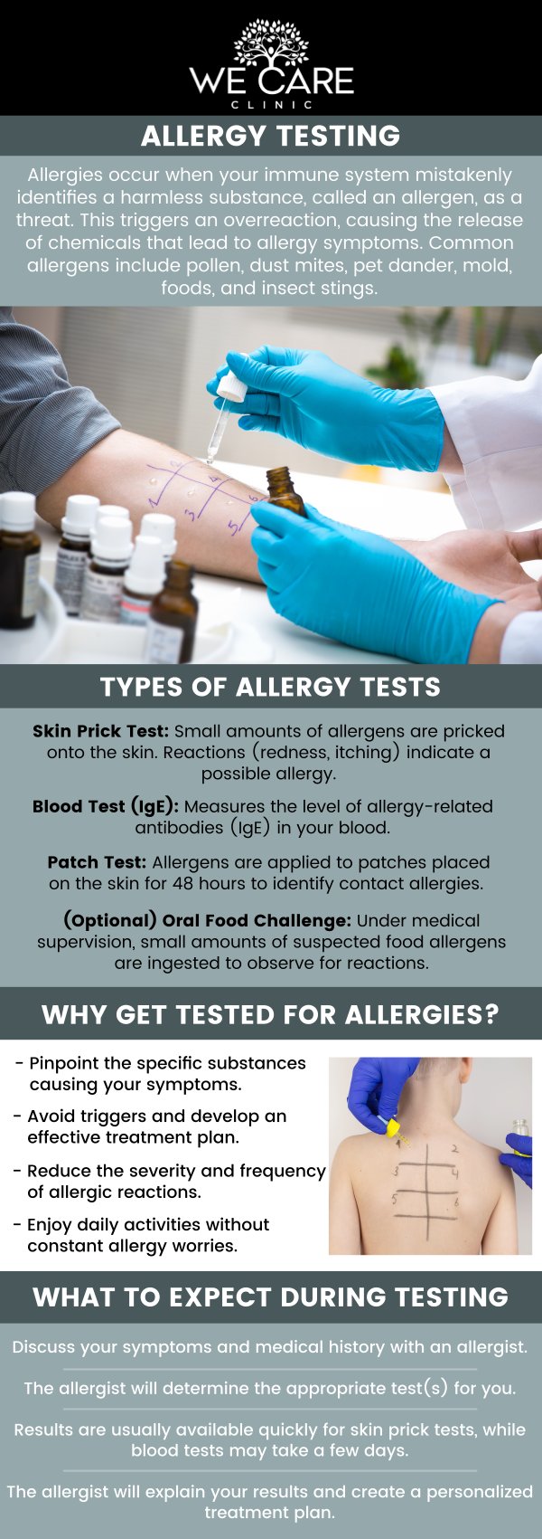 Common questions asked by patients: What is an allergy test? How do I know if I need allergy testing? How accurate is allergy testing? How is allergy testing performed? Is allergy testing covered by insurance? How long does it take to get allergy test results? Can allergies cause dizziness?
At We Care Clinic, we offer comprehensive allergy testing to accurately identify the specific environmental or food triggers causing your symptoms. Led by Board-certified physician Dr. Shabnam Qasim, our team uses proven diagnostic methods to pinpoint the root cause of your discomfort rather than just masking the reaction. This precise analysis allows us to develop a personalized treatment plan designed to bring you effective, long-term relief. For more information, contact us or schedule an appointment online. We are conveniently located at 1011 Roberts Cut Off Rd, River Oaks, TX 76114. We serve patients from River Oaks TX, Sansom Park TX, Fort Worth TX, Saginaw TX, Haltom City TX, Benbrook TX and surrounding areas.