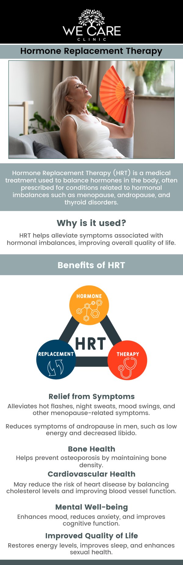 Hormone therapy is a highly effective treatment for addressing hormonal imbalances that can cause a range of symptoms, such as fatigue, mood swings, and weight gain. At We Care Clinic in River Oaks, TX, Dr. Shabnam Qasim, MD, a Board-certified physician, and our team of experienced nurse practitioners provide personalized hormone therapy using bioidentical hormones to restore balance and improve overall wellness. This tailored approach helps patients feel revitalized and manage the symptoms of hormone-related conditions with minimal side effects. For more information, contact us or schedule an appointment online. We are conveniently located at 1011 Roberts Cut Off Rd, River Oaks, TX 76114.